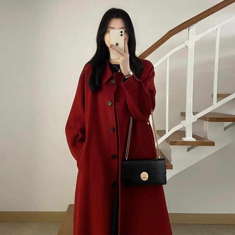 酒红色毛呢外套女秋冬装韩系大码女装胖MM220斤宽松加厚呢子大衣