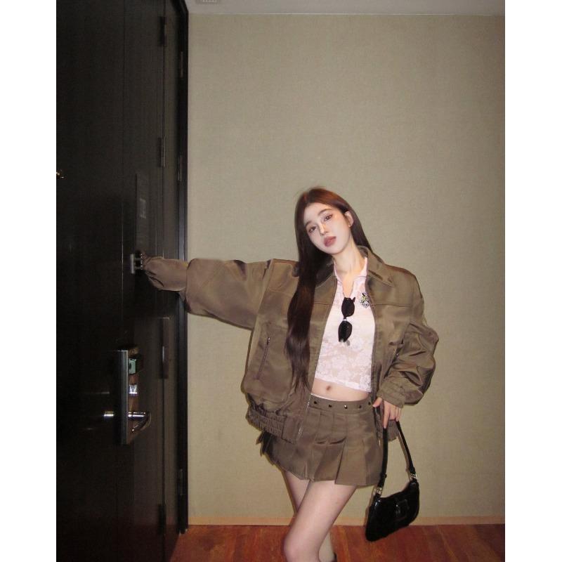 美拉德穿搭棕色机车服夹克套装女秋冬美式复古oversize小个子外套