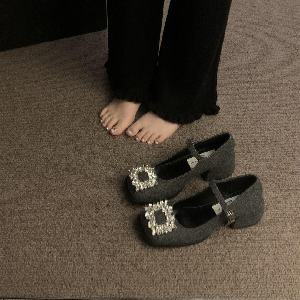 法式水钻玛丽珍鞋小红薯源头秋冬复古小香风尖头平底鞋晚晚风单鞋