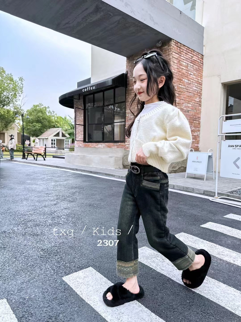 儿童翻边加绒牛仔裤2307