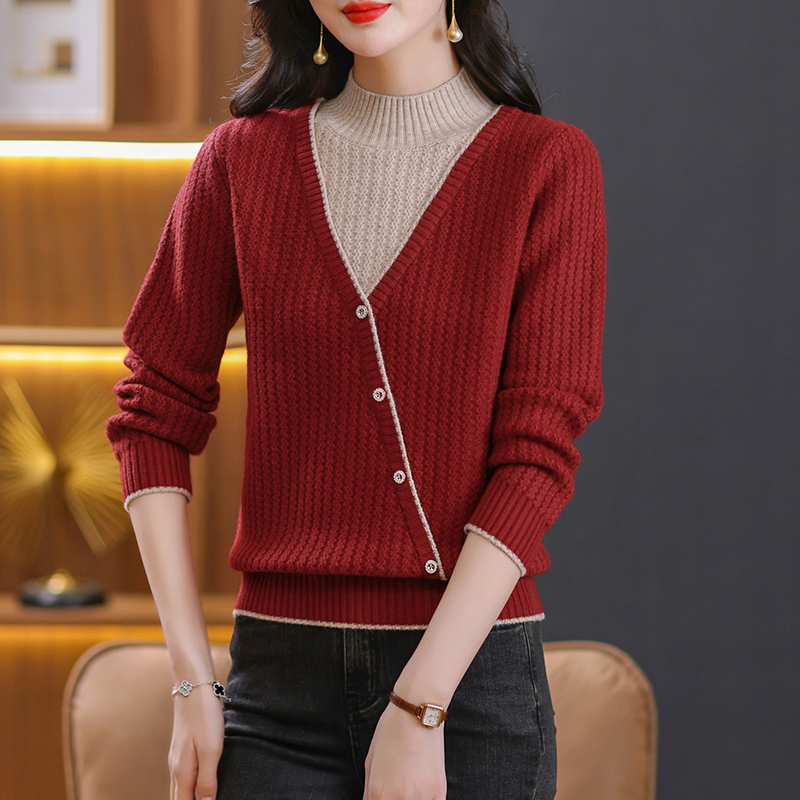 【羊毛衫】2023秋冬新款洋气短款半高领假两件毛衣针织打底衫女内搭