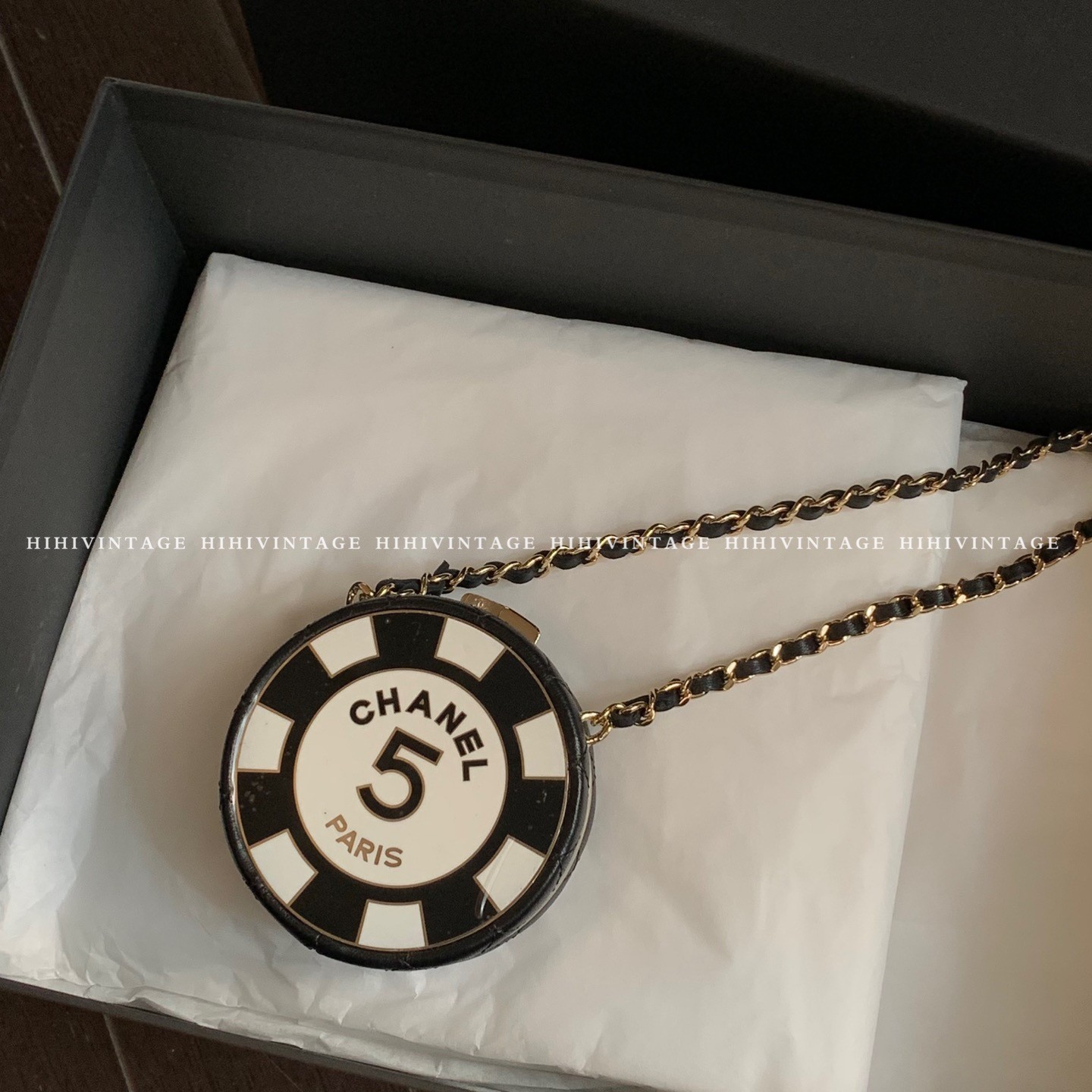 全新未使用  HIHI深K/Chanel黑色5号镜子新款镭射单肩包/3940358