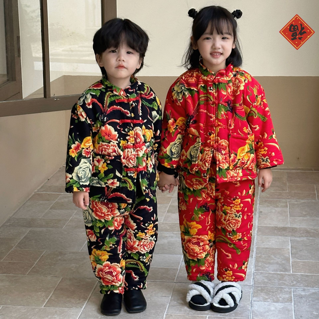 儿童唐装中国风东北大花棉袄男童女童宝宝拜年服新年棉衣睡衣套装