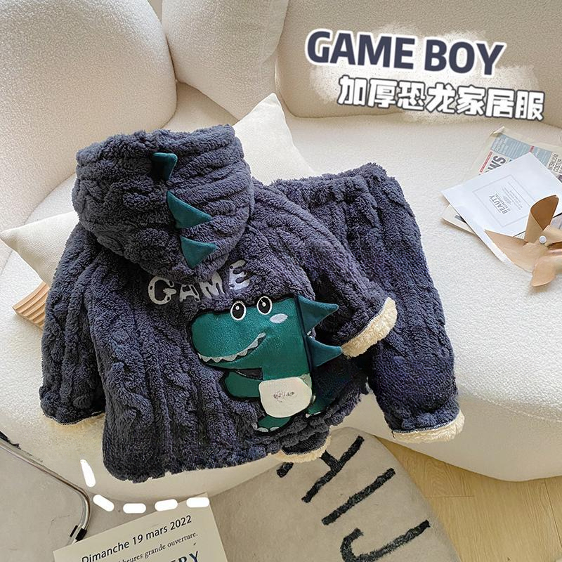 宝宝睡衣儿童家居服卡通三层加厚男童保暖冬装连帽两件套加绒小童