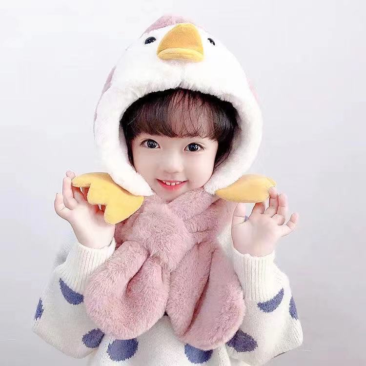 儿童帽子男女宝宝冬季护耳帽婴幼儿卡通小黄鸭可爱围巾一体帽子