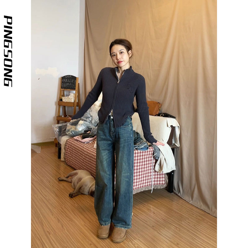 复古做旧双拉链半高领毛衣女修身显瘦长袖针织衫春季百搭上衣外套