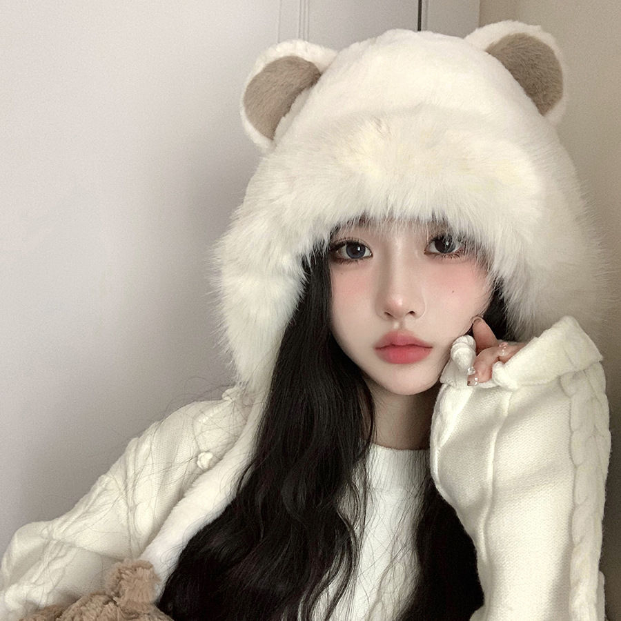 可爱毛绒帽子女秋冬新款韩版小熊卡通雷锋帽加绒加厚保暖护耳帽子