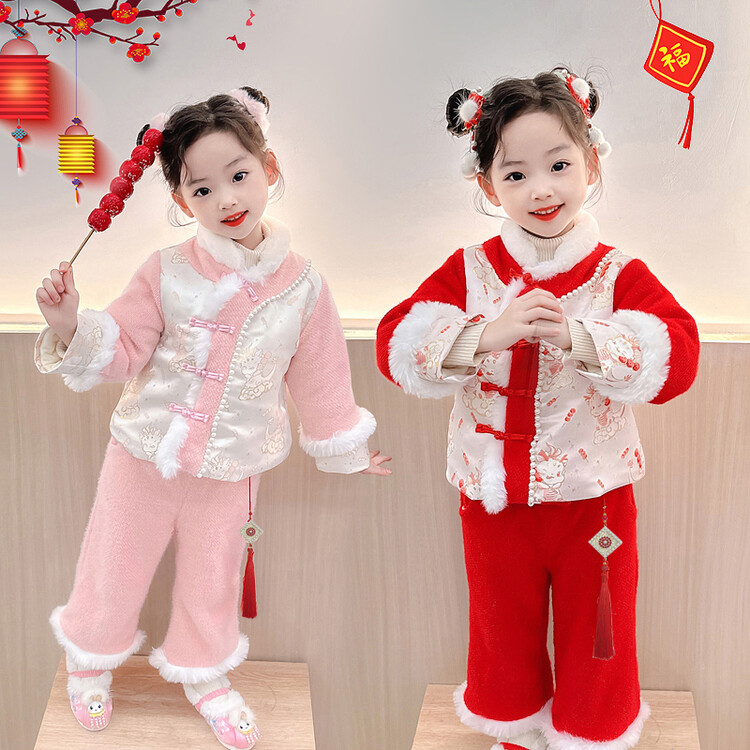 女宝宝加绒唐装两件套女童新年拜年服儿童汉服套装婴儿一周岁礼服