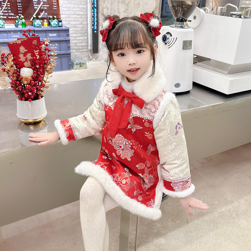 女童旗袍裙拜年服冬装新款国风汉服古装加厚唐装女宝冬季新年衣服