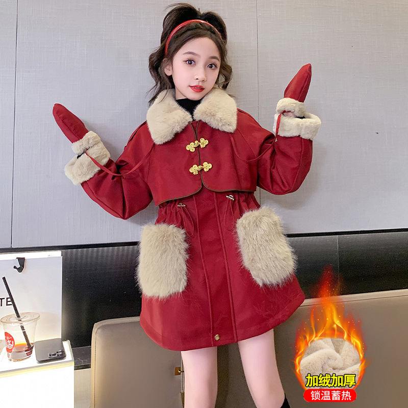 女童皮衣加绒外套2023新款冬装儿童中长款派克服中大童过年服秋冬