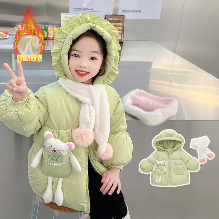 女童加绒加厚连帽棉衣女宝宝冬季新款中长款可爱棉服宝宝保暖外套