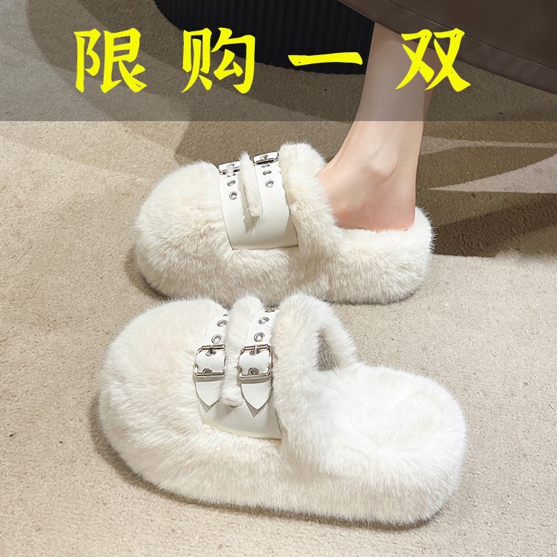 红蜻蜓牌厚底增高小个子皮带扣毛毛拖鞋女外穿2023秋冬季新款包