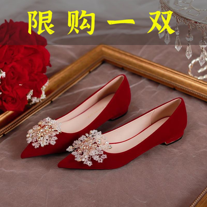 红蜻蜓牌小众婚鞋新娘鞋女粗跟红色秀禾主婚纱两穿平底不累脚高