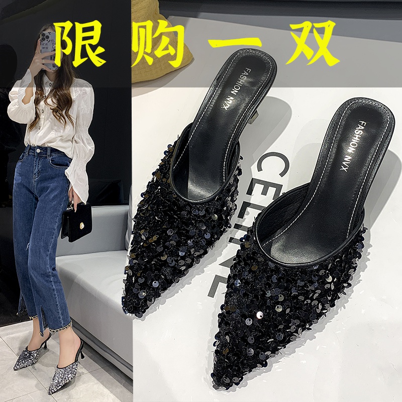 红蜻蜓牌拖鞋女春夏新款中跟细跟时尚包头半拖鞋网红法式尖头气