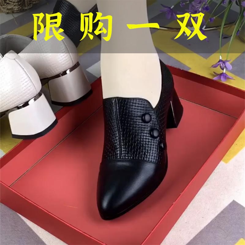 红蜻蜓牌2023年单鞋女尖头中粗跟软底中老年侧拉链妈妈深口小皮