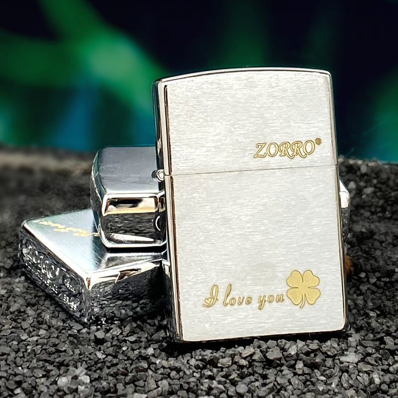 ZORRO佐罗200L拉丝正品煤油打火机雕刻四叶草520送男友经典银正品