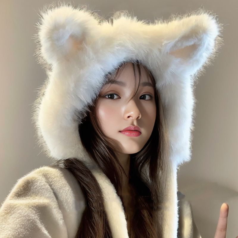 可爱狐狸耳朵毛绒绒帽子女秋冬季加厚保暖包头帽防风/尘保暖面罩