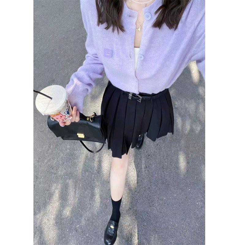 气质紫色针织开衫女春显瘦法式感小众圆领薄款外套百搭打底衫上衣