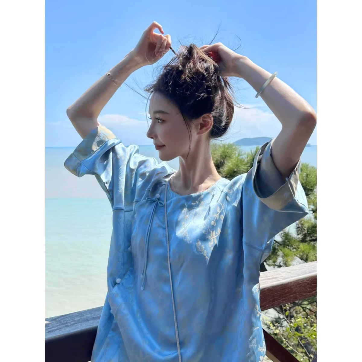 气质夏季缎面显瘦半身裙套装女春秋新中式国风茶系穿搭禅意两件套