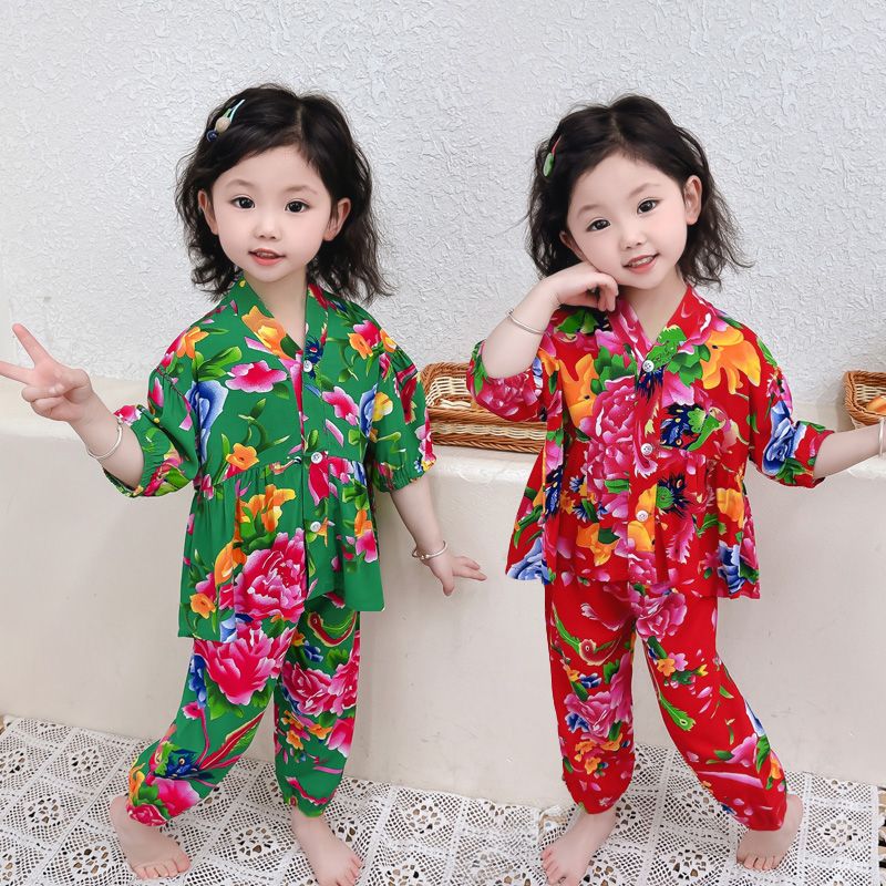 女童睡衣夏季套装宝宝东北大花网红女孩可爱薄款空调服儿童夏款
