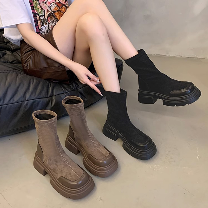 回力瑞英伦风复古短靴女2023新款春秋中筒弹力瘦瘦靴厚底马丁靴棕