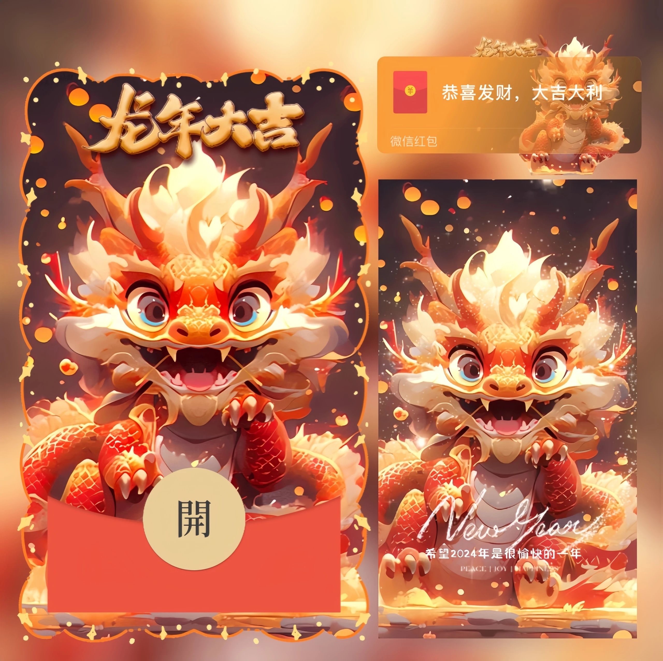 24年最新龙年新年红包封面暴富可爱龙龙所愿皆成真动态设计服务