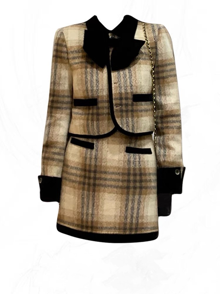 冬季大码一整套法式高端小香风短款格子套装女士时尚气质毛呢外套