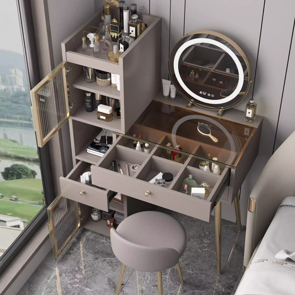 2024新款现代新款伸缩斗柜梳妆台一体轻奢灰黑色大容量小型化妆桌