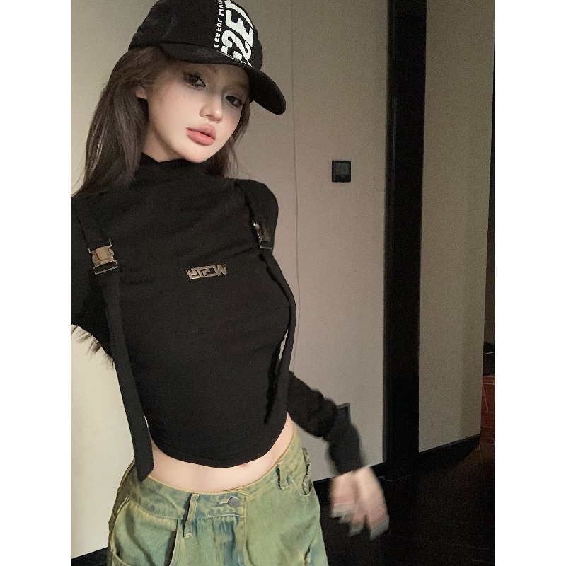 秋冬独特别致美式甜辣妹紧身显瘦短款上衣半高领打底衫女长袖t恤