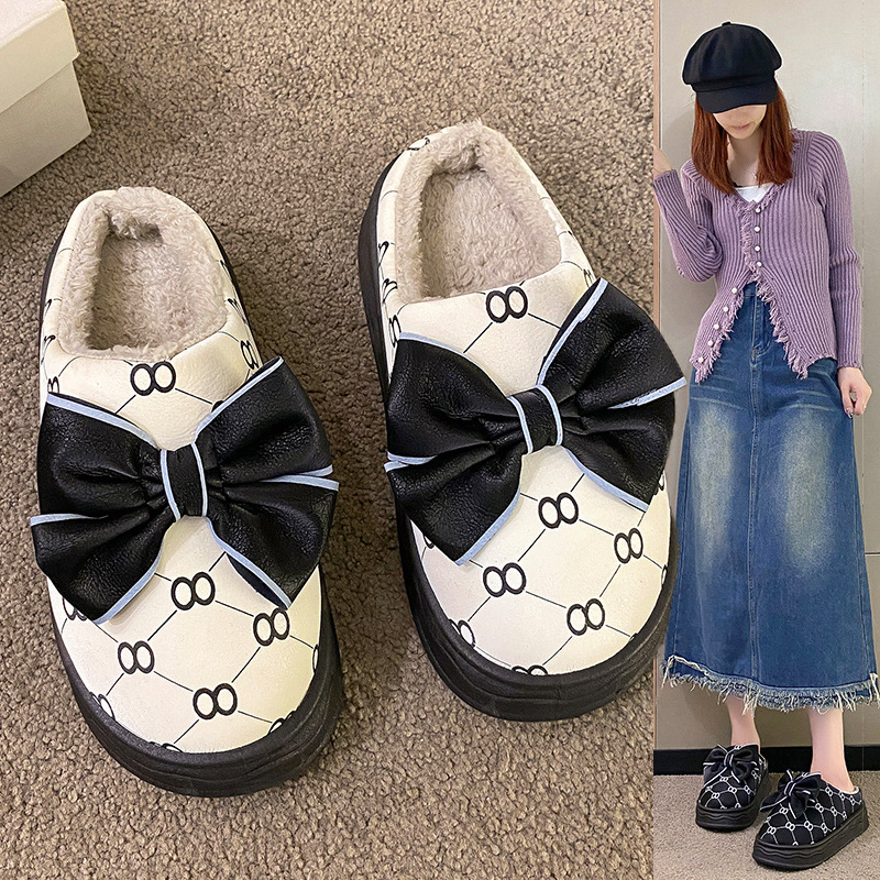 踩屎感厚底棉拖鞋女冬季家居室内少女加绒保暖蝴蝶结公主毛毛拖鞋