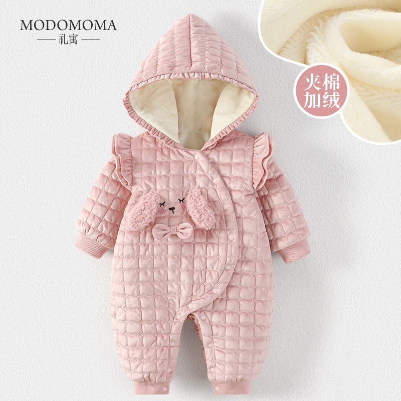modomoma新生婴儿衣服秋冬装公主女宝宝格子飞袖连帽保暖加绒爬服