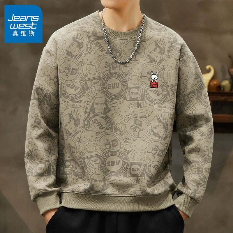 Jeanswest/真维斯潮流男士卫衣春秋季加绒圆领百搭宽松休闲长袖男