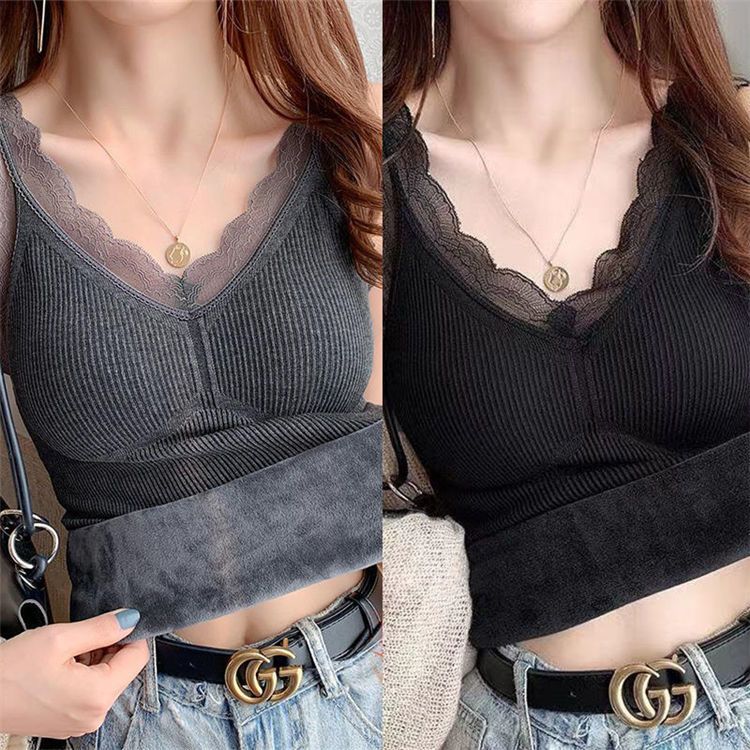 保暖背心女加绒加厚打底衫吊带内衣自带胸垫蕾丝塑性大码免穿文胸