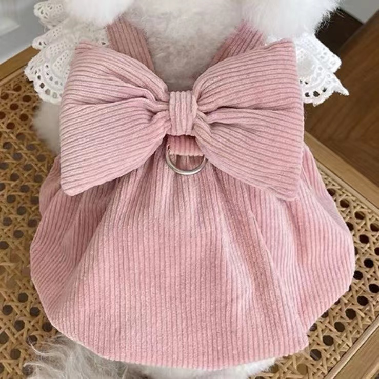 宠物衣服秋冬新款灯芯绒南瓜裙牵引扣泰迪比熊狗狗猫咪保暖蕾丝裙