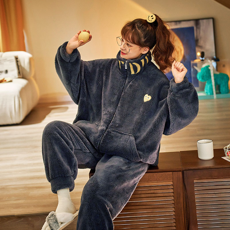 【绒5908】法兰绒睡衣套装女士秋冬季款加绒加厚珊瑚绒家居服可外穿