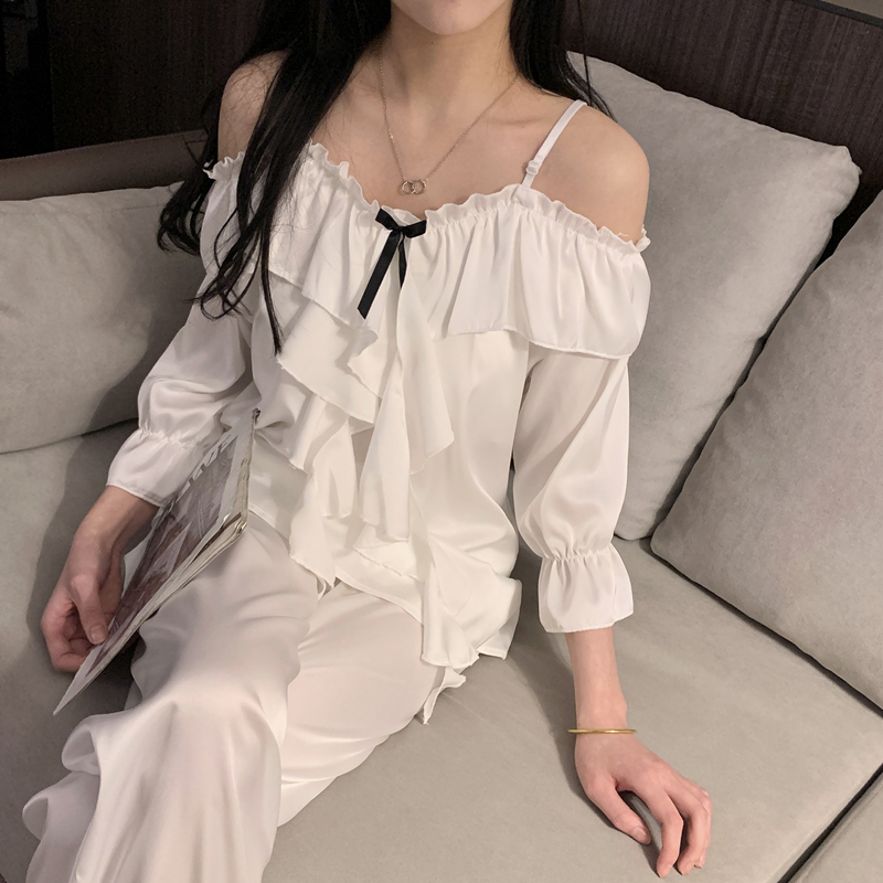 【冰雪丝04119】性感吊带春秋睡衣女套装家居服淑女蕾丝边蝴蝶结