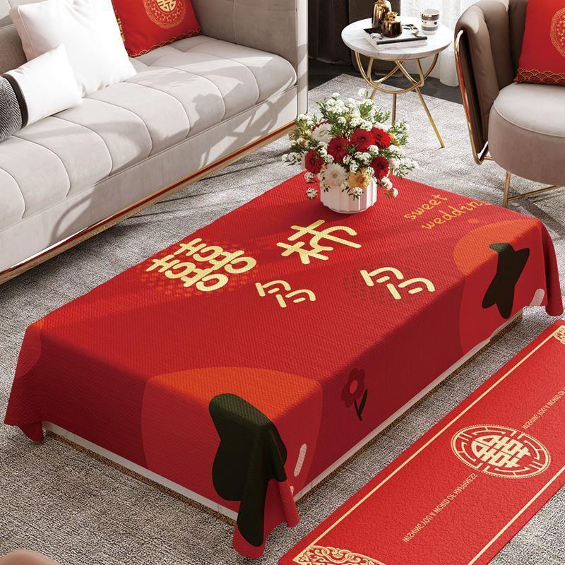 结婚餐桌布ins红色长方形防水桌布家用客厅喜庆茶几台布垫高级感