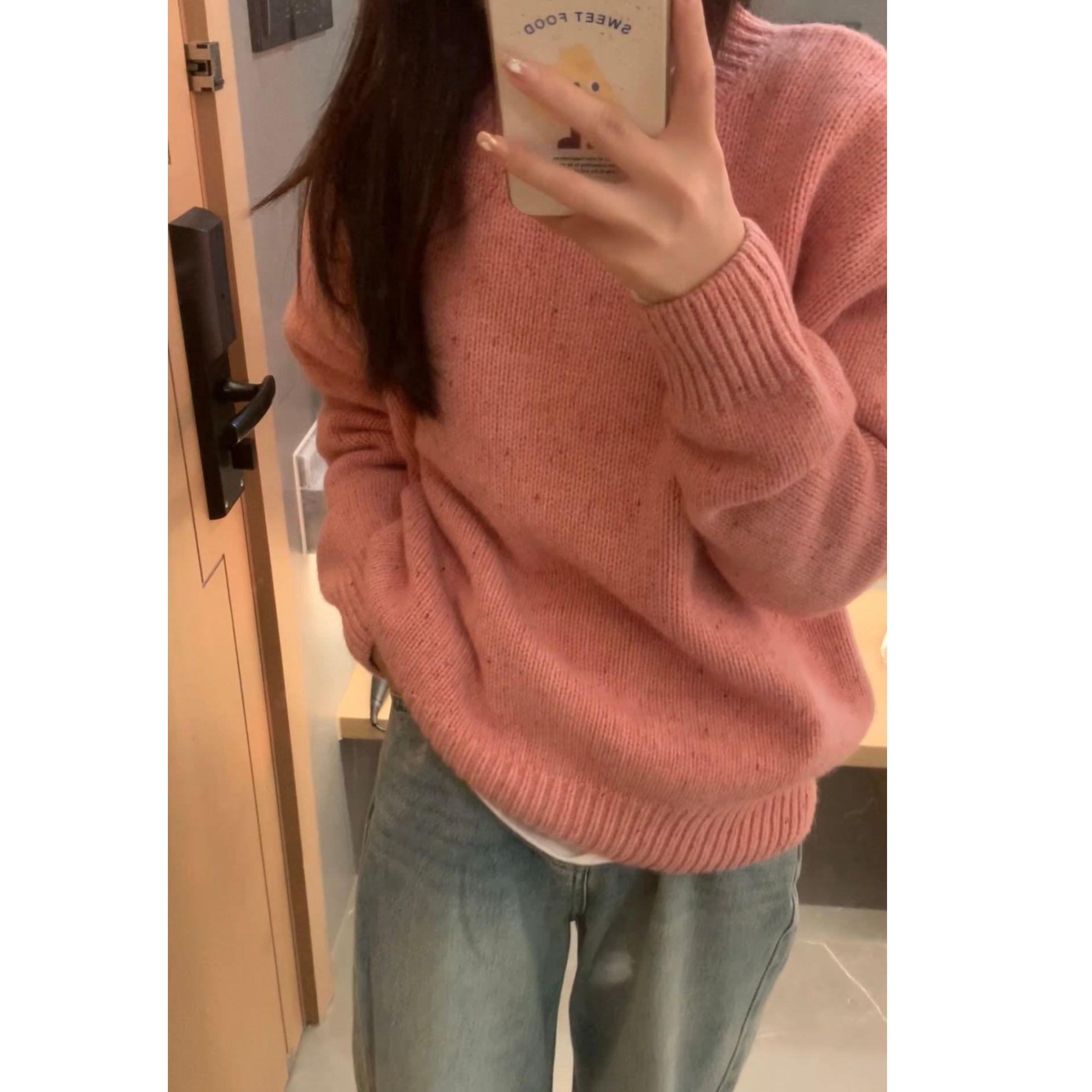 【haven】美到心坎！高级感奶fufu 慵懒风粉色圆领套头毛衣#7886