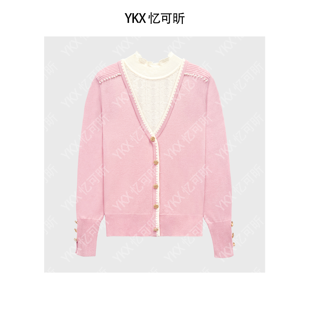 H8615秋冬新款假两件甜美拼色针织打底毛衣小香风时尚百搭上衣