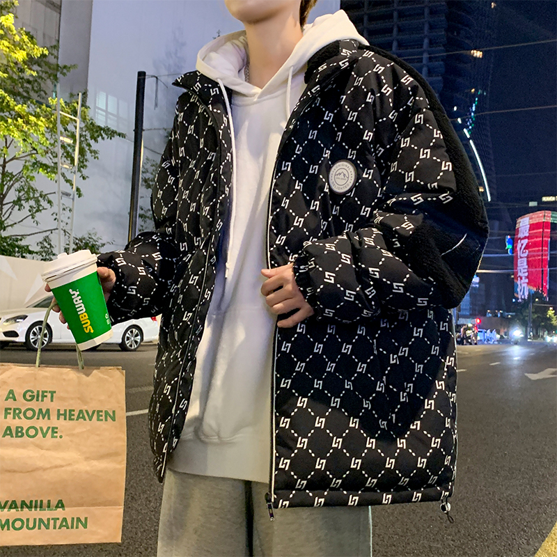 晋江棉服男款冬季加厚保暖撞色拼接立领棉衣外套潮牌满印宽松棉袄