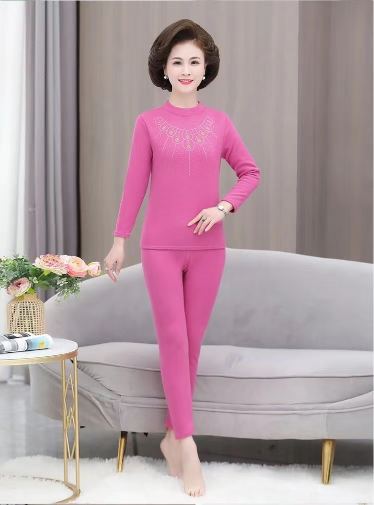 女士时尚洋气显瘦镶钻德绒保暖秋衣秋裤套装中老年加绒加厚内衣女