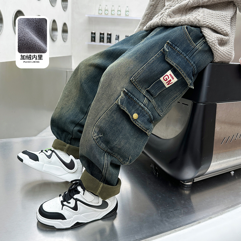 男童裤子秋冬款2023新款男孩冬季一体加绒加厚痞帅儿童冬装牛仔裤