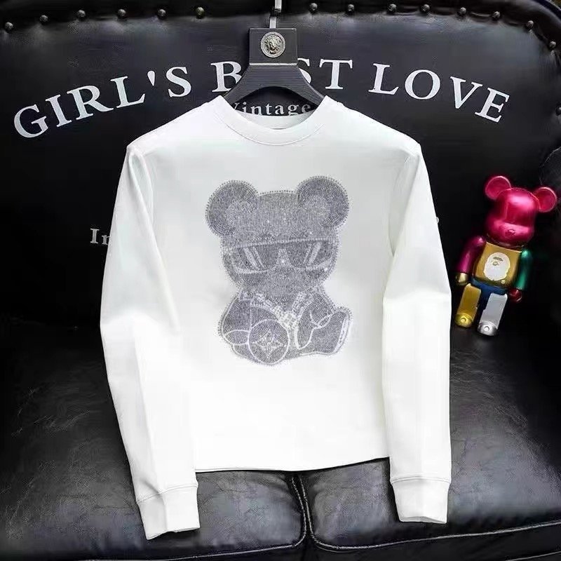 2023秋冬款欧洲站烫钻潮牌男装修身加绒圆领卫衣男打底衫上衣外套