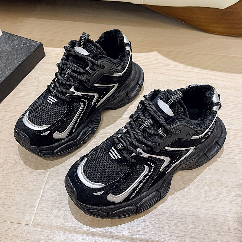 品质女鞋港风复古加绒厚底老爹鞋女2023新款小蛮腰黑色网红运动鞋