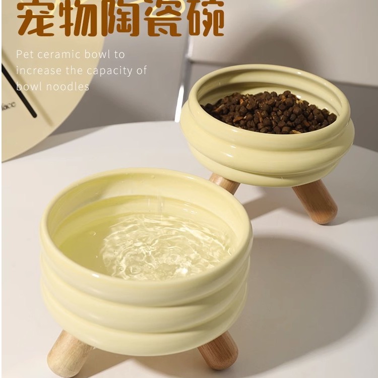 宠物粮碗水碗猫碗陶瓷彩色猫狗喂食碗猫食盆分体式实木高脚护颈