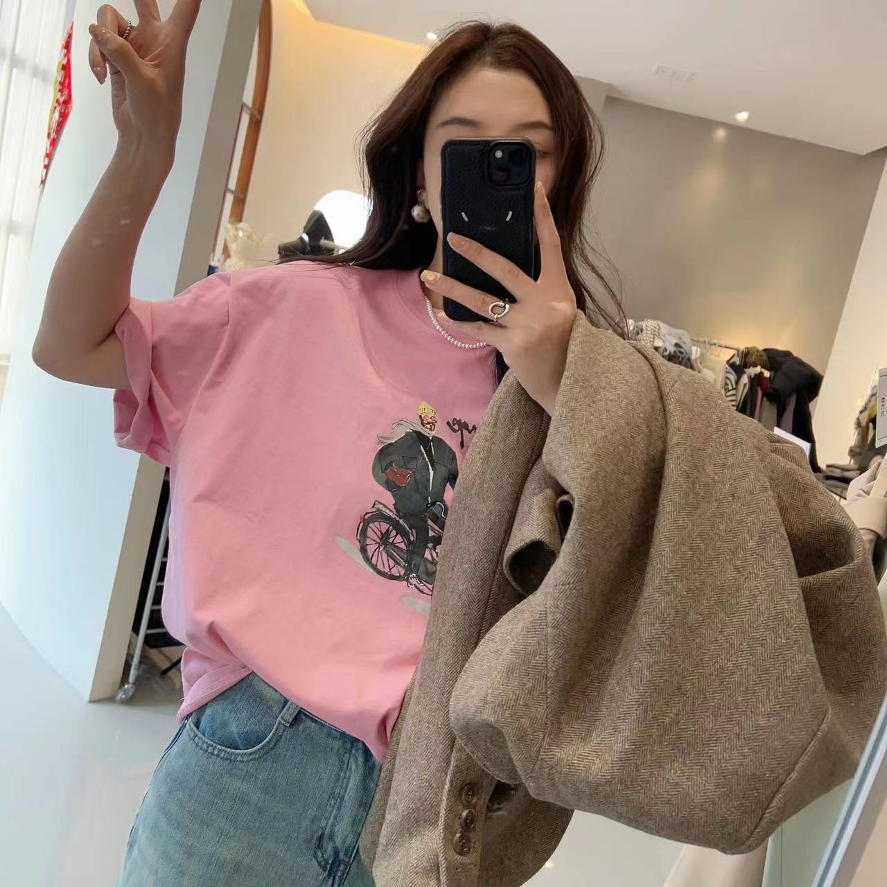 清仓KEKE【莫奈粉】阔版韩版元气粉色圆领卡通印花短袖T恤女