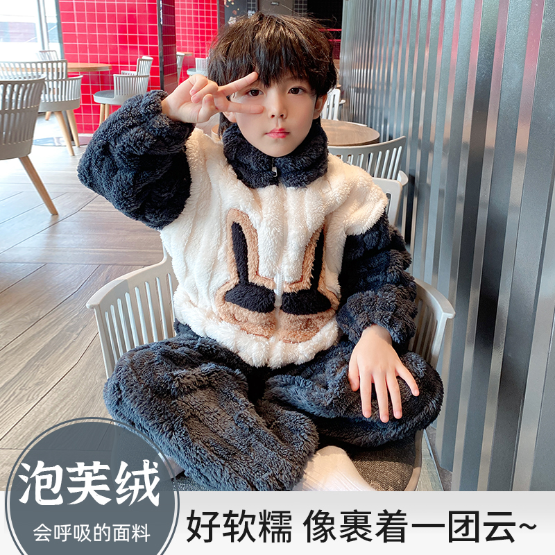 小童青少年儿童泡芙绒保暖拉链衣服冬季长袖运动套装男童女童睡衣