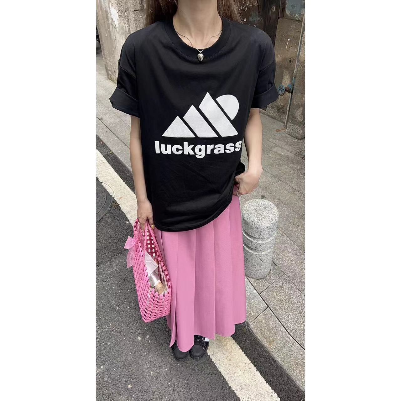 【售完不补】黑色休闲百搭韩版情侣宽松印花简约短袖T恤T03266LV32