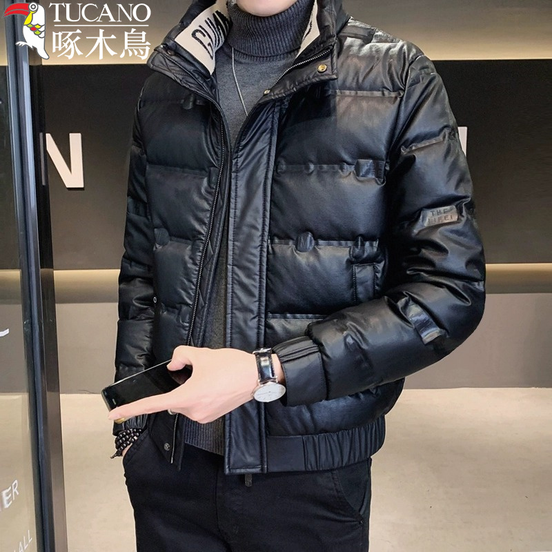 啄木鳥男士皮羽绒服2023新款冬季加厚保暖帅气短款休闲立领外套男