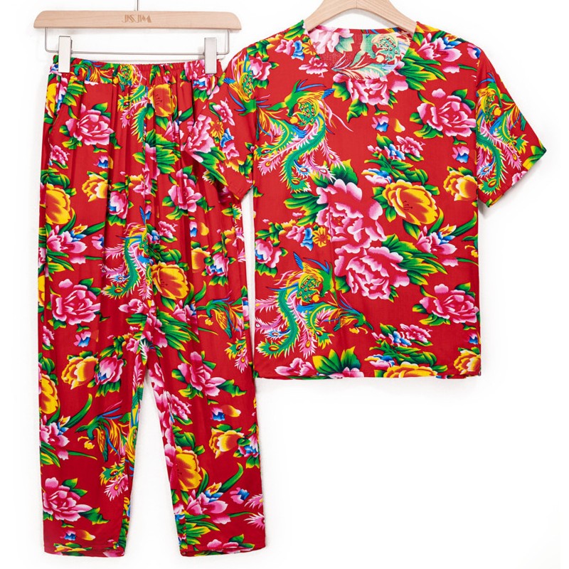 人造棉棉绸东北大花布衣服民族风服务生日派对闺蜜装花裤秋季套装